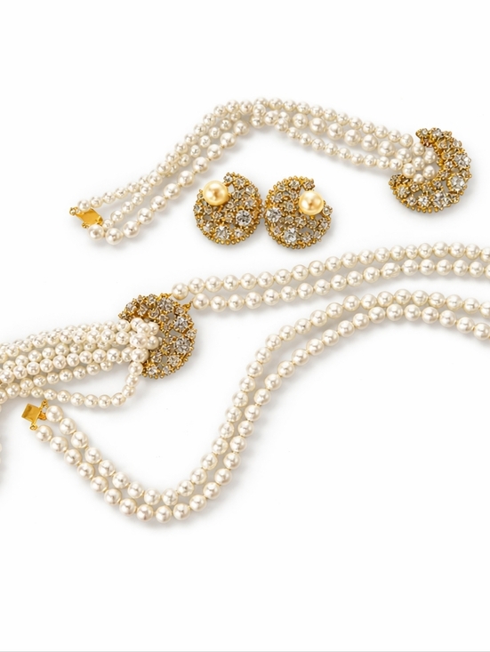 Hattie Carnegie Jewelry - Vintage Pearl Rhinestone Necklace Bracelet Earrings Classic Statement Parue Set
